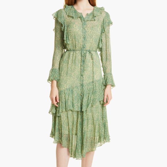 Floral Ruffle Long Sleeve Silk Chiffon Shirtdress Rebecca Taylor - Picture 3 of 13